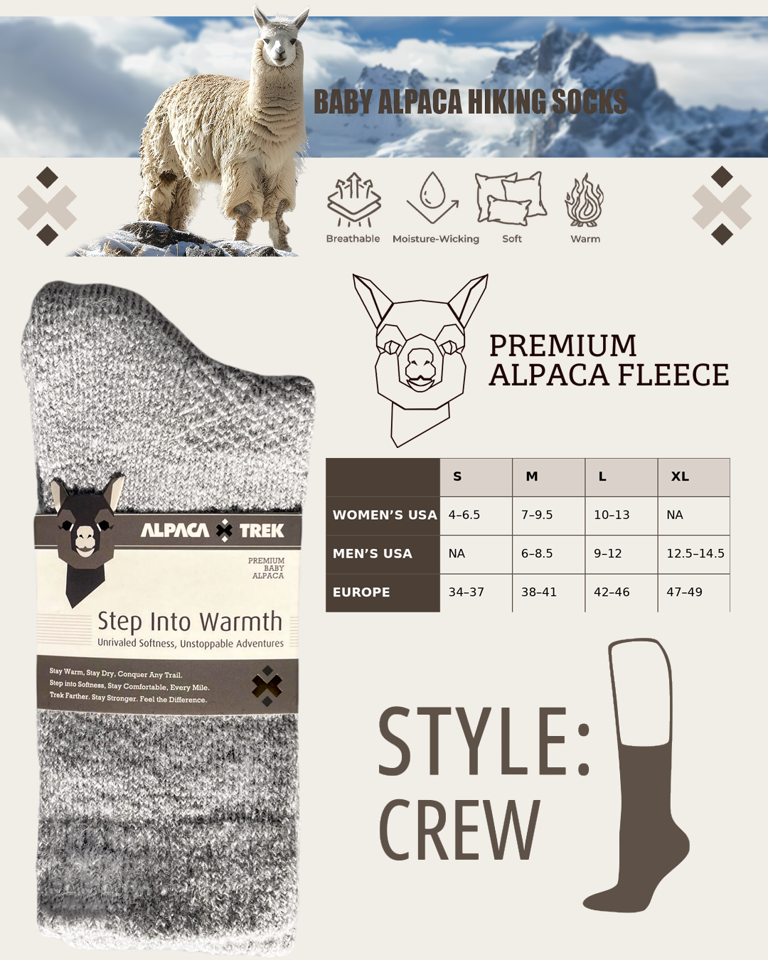 4-Pack Combo – Baby Alpaca Hiking Socks (2 Light Grey, 2 Charcoal) | Trail-Ready Comfort in Both Colors